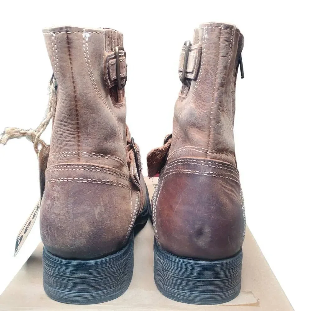Bed Stu Wren Boots M 8, W 9.5 Tan 10 Year Wash Leather Buckle Moto Ankle